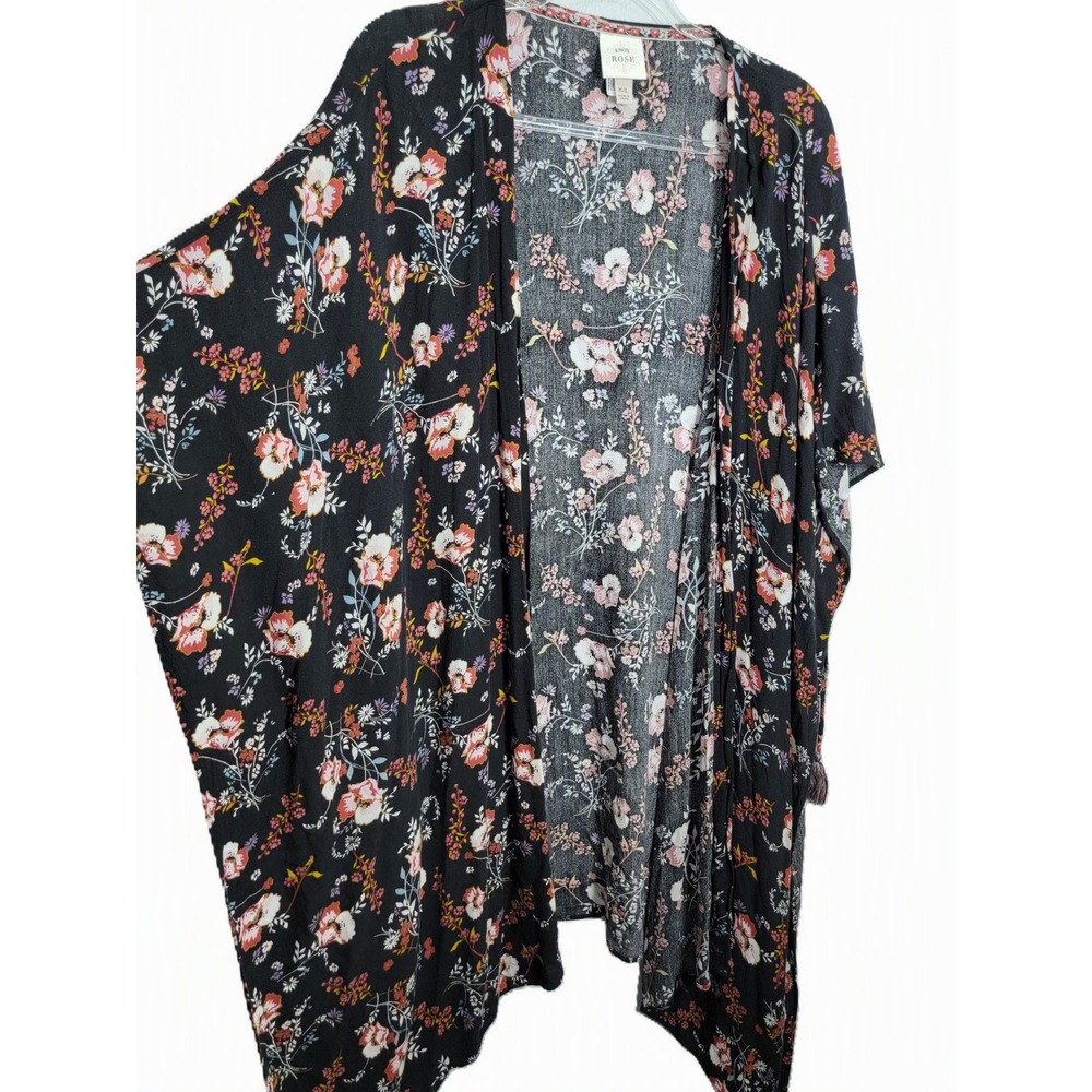 Knox Rose Womens M/L Kimono Cardigan Black Floral Tassel Open Front Wrap Boho